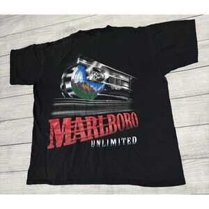 Vintage Marlboro T Shirt XL Black 90s Unlimited Train Pocket Cig Promo Distress